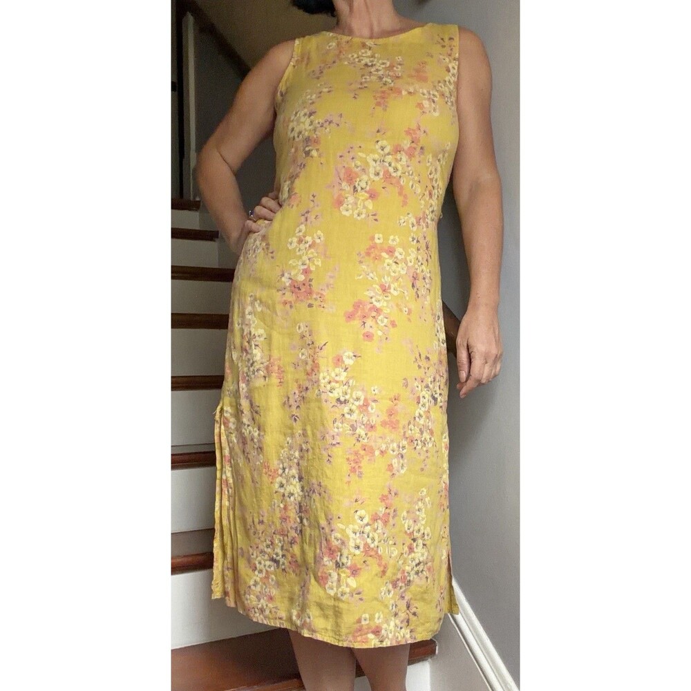 Bellambra Italy Linen Floral Maxi Dress XS Fits S M Yellow Tie Back